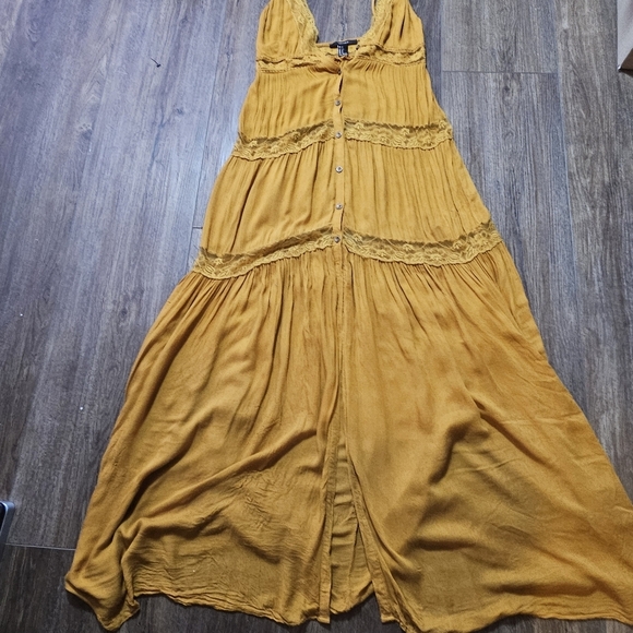 Forever 21 Mix Media Mustard Maxi Dress Sz S Lace Cottagecore Milkmaid Boho - Picture 7 of 14